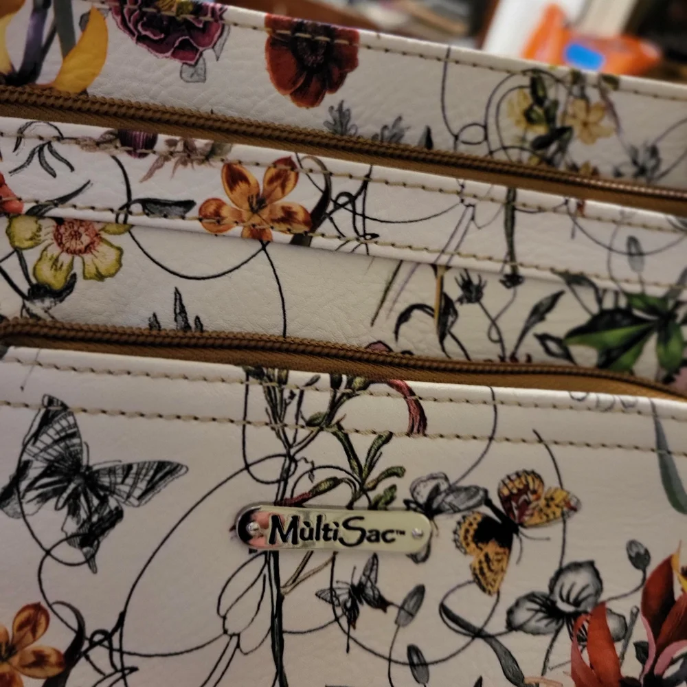 MultiSac Floral Crossbody/shoulder Bag Bag in Cream with Brown Trim - Picture 3 of 11